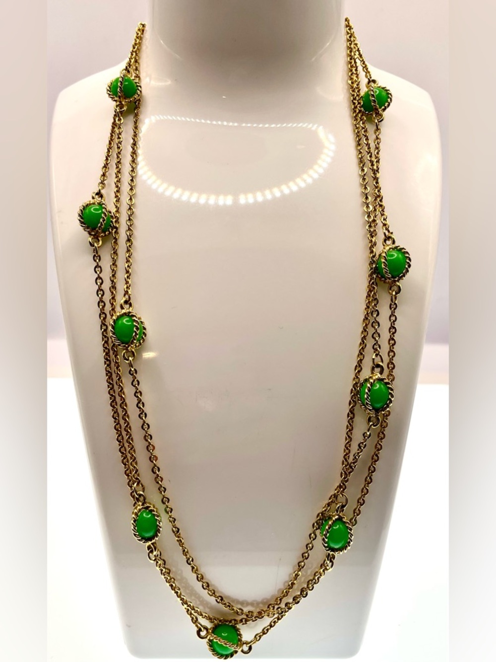 Vintage Gold Tone Long Chain Necklace Round Green Stations Layering Statement